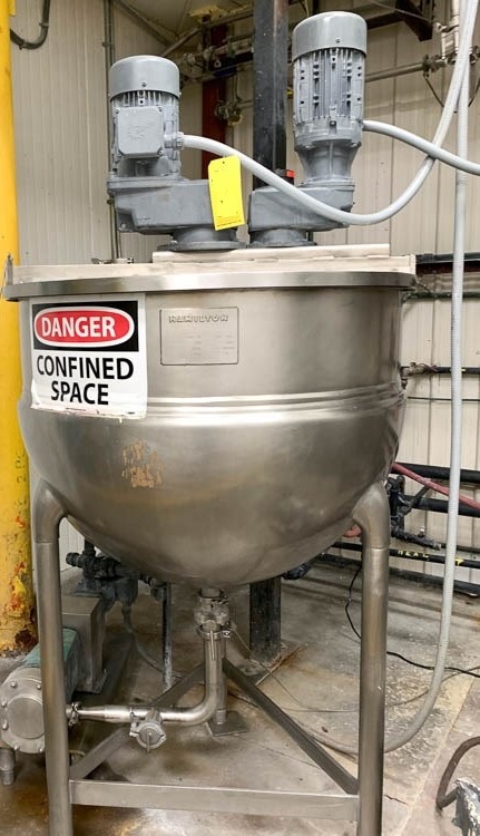 ***SOLD*** used 100 gallon Hamilton Model SA Double Motion Jacketed Mix Kettle. Equipped with scrape and high shear mixer. Jacket rated 125 PSI @ 375 Deg.F.  2